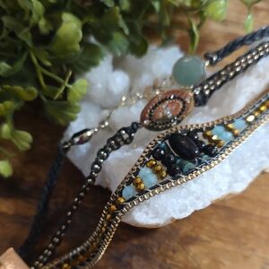 HiPanema Layered Black and Gold Beaded Bracelet with Turquoise Accents